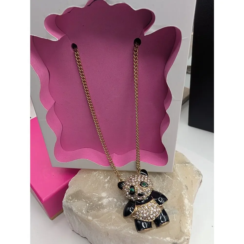 Betsey Johnson Panda Bear Pendant Necklace Gold Tone Rhinestone Enamel New Box